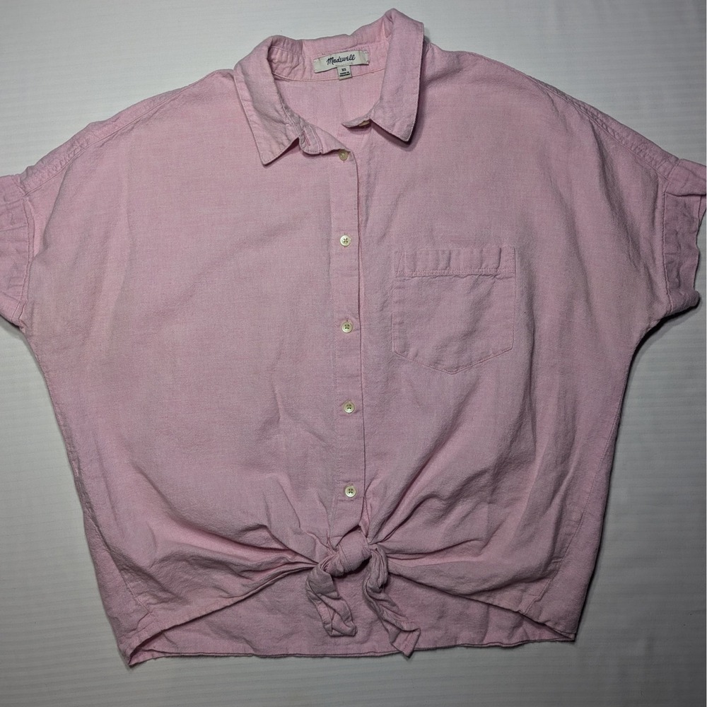 Madewell Women's Short Sleeve Tie-Front Shirt Linen Cotton XS Pink Paris Pink